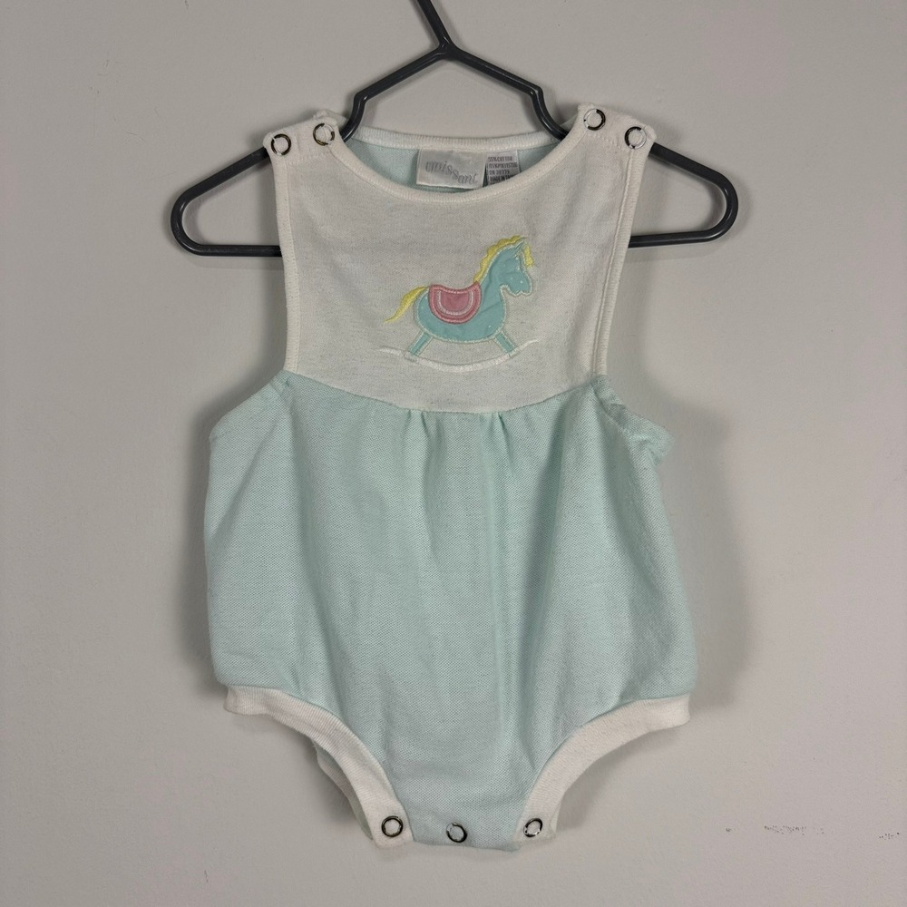 Croissant Vintage Baby Blue‎ Rocking Horse Embroidered Bubble Romper 3-6M